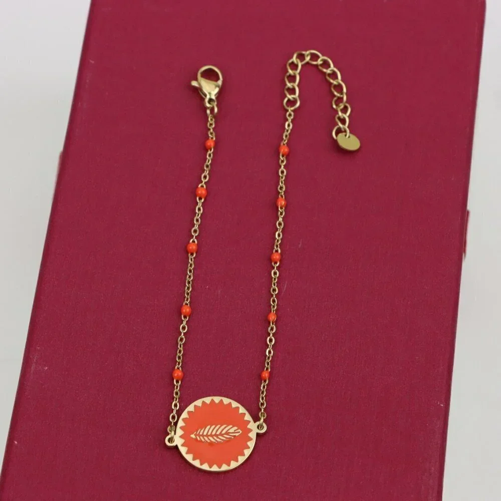 Gold Plated Yellow Bracelet with Orange Leaf Charm, Adjustable Size, XPBL0629